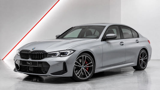 Modern BMW G20 sedan in a high-end minimalist studio emphasizing performance stance