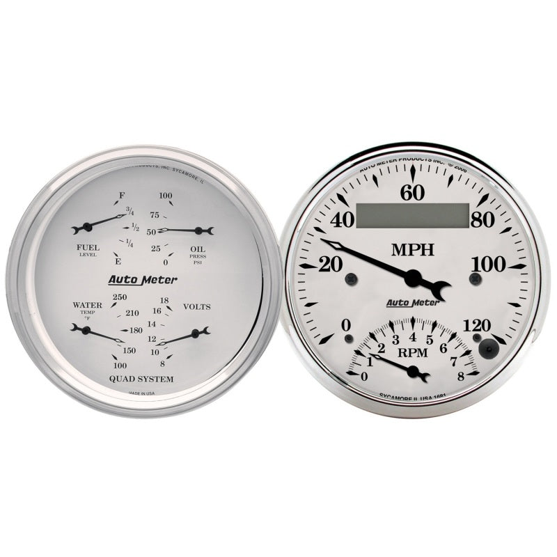AutoMeter Gauge Kit 2 Pc. Quad & Tach/Speedo 3-3/8in. Old Tyme White - Burkken Auto Parts