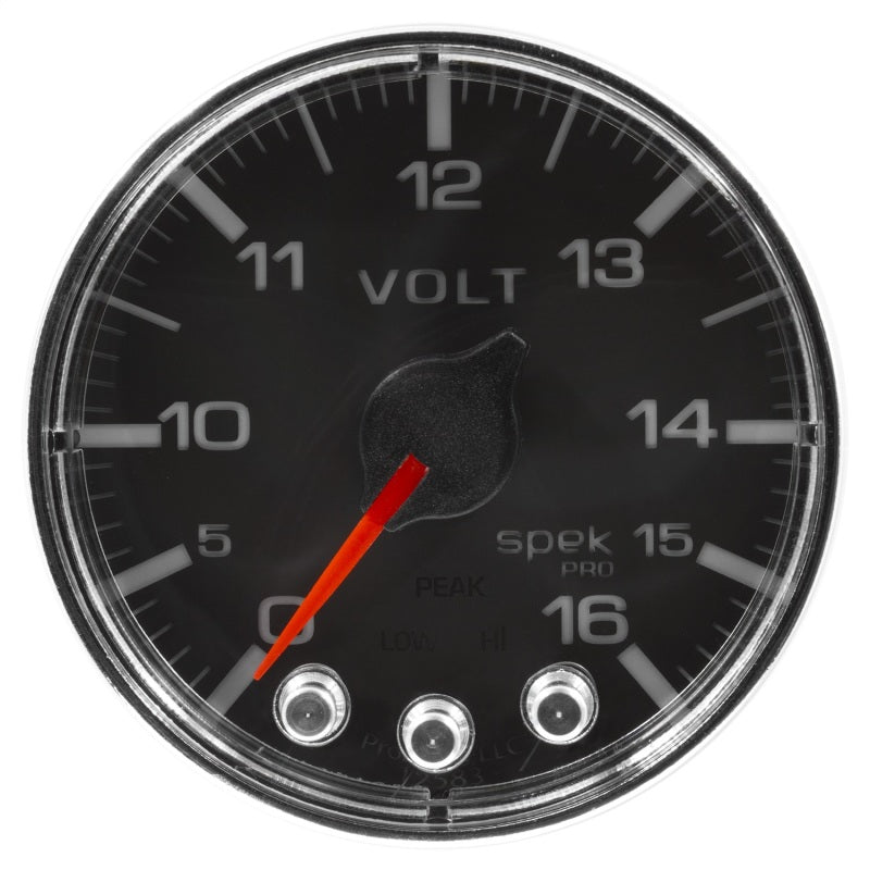 Autometer Spek-Pro Gauge Voltmeter 2 1/16in 16V Stepper Motor W/Peak & Warn Blk/Chrm - Burkken Auto Parts