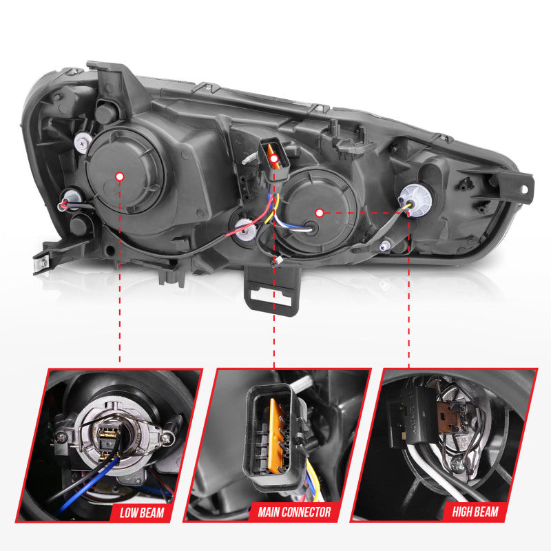 ANZO 2008-2015 Mitsubishi Lancer Projector Headlights w/ Halo Black (CCFL) - Burkken Auto Parts