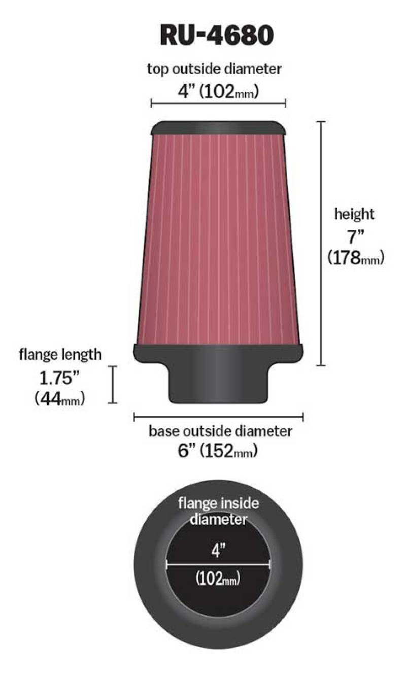 K&N Universal Clamp-On Air Filter 4in FLG / 6in B / 4in T / 7in H - Burkken Auto Parts