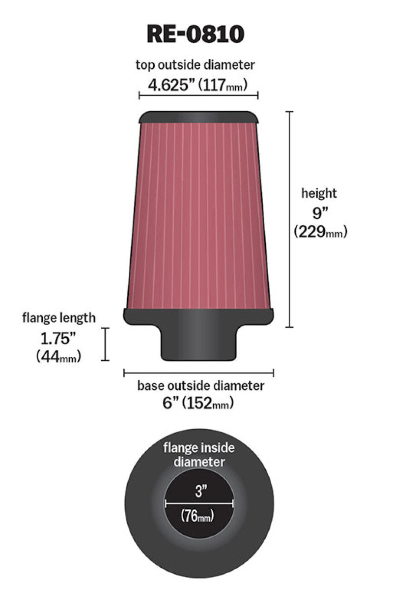 K&N Universal Rubber Filter 3inch FLG / 6inch OD-B / 4-5/8inch OD-T / 9inch L - Burkken Auto Parts