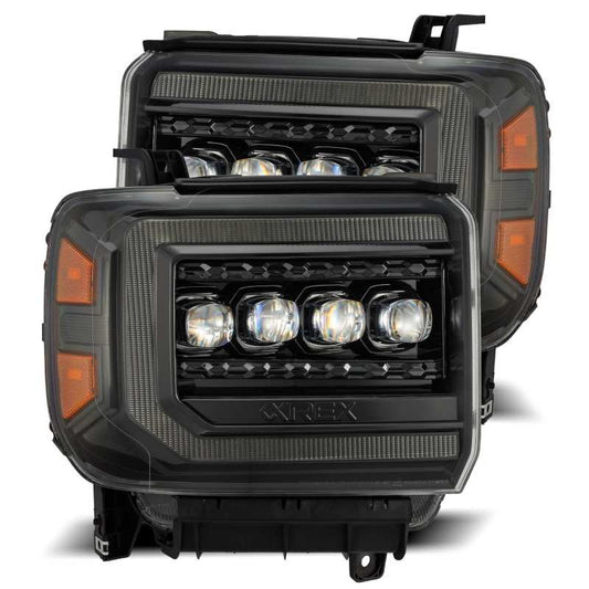 AlphaRex 14-18 GMC Sierra NOVA LED Proj Headlights Plnk Style Alpha Blk w/Activ Light/Seq Signal/DRL - Burkken Auto Parts