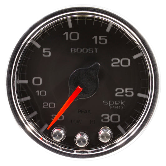Autometer Spek-Pro Gauge Vac/Boost 2 1/16in 30Inhg-30psi Stepper Motor W/Peak & Warn Black/Chrome - Burkken Auto Parts
