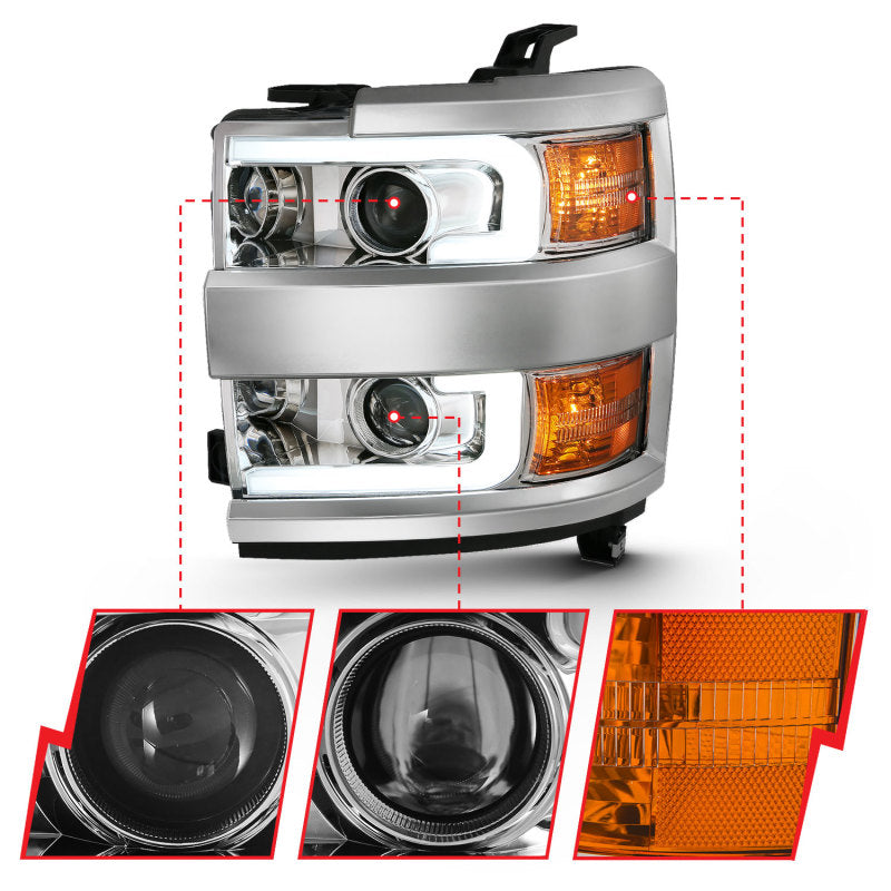 ANZO 2015-2016 Chevrolet Silverado Projector Headlights w/ Plank Style Design Chrome w/ Amber - Burkken Auto Parts