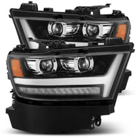 AlphaRex 19-20 Dodge Ram 1500 LUXX LED Proj Headlights Plank Jet Blk w/Activ Light/Seq Signal/DRL - Burkken Auto Parts