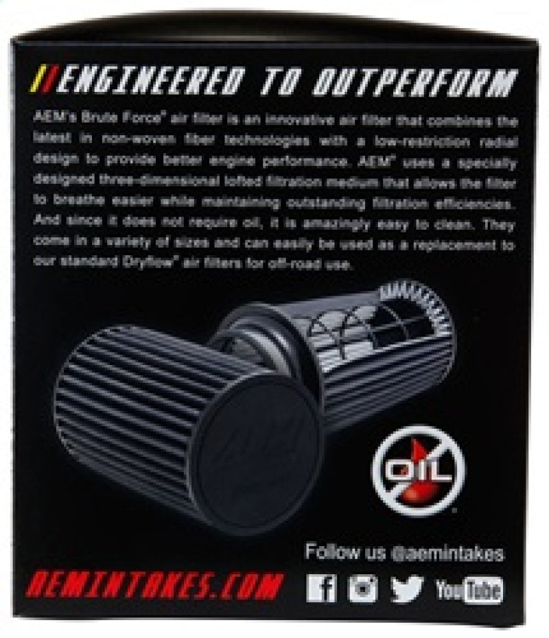 AEM Brute Force Dryflow Air Filter - Conical 6in Base OD / 5.125in Top OD / 5.25in Height - Burkken Auto Parts