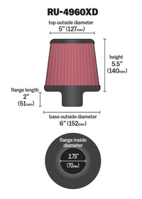 K&N Filter Universal Clamp-On Filter-Round Tapered 2.75in Flange ID x 6in Base OD x 5in Top OD - Burkken Auto Parts