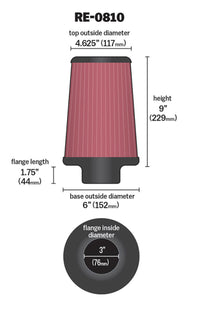 K&N Universal Rubber Filter 3inch FLG / 6inch OD-B / 4-5/8inch OD-T / 9inch L - Burkken Auto Parts
