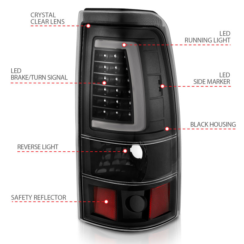 ANZO 1999-2002 Chevy Silverado 1500 LED Taillights Plank Style Black w/Clear Lens - Burkken Auto Parts