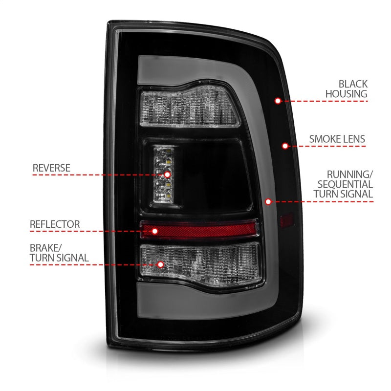 ANZO 09-18 Dodge Ram 1500 Sequential LED Taillights Smoke Black - Burkken Auto Parts