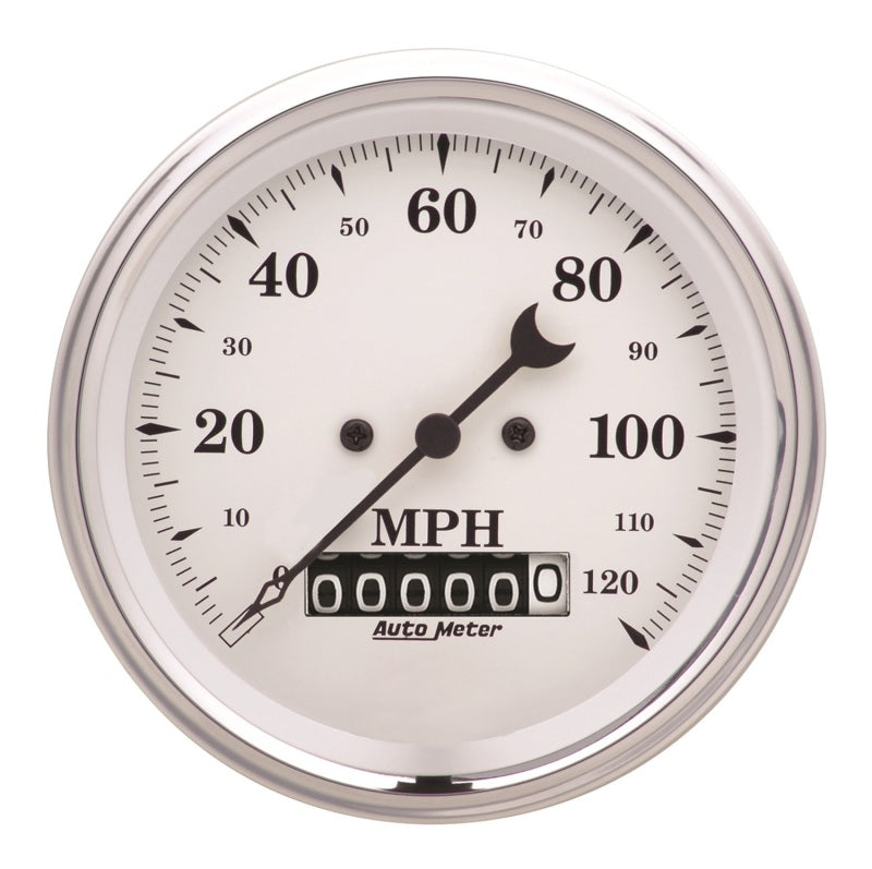 AutoMeter Gauge Speedo. 3-3/8in. 120MPH Elec. Prog. W/ Wheel Odo Old Tyme White - Burkken Auto Parts
