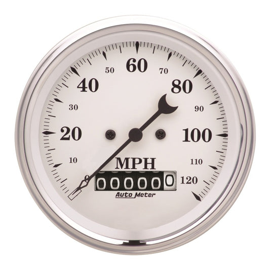 AutoMeter Gauge Speedo. 3-3/8in. 120MPH Elec. Prog. W/ Wheel Odo Old Tyme White - Burkken Auto Parts