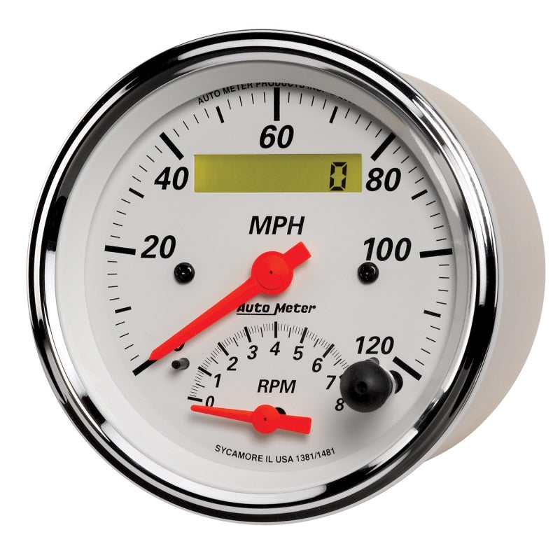 AutoMeter Gauge Tach/Speedo 3-3/8in. 120MPH & 8K RPM Elec. Program. Arctic White - Burkken Auto Parts
