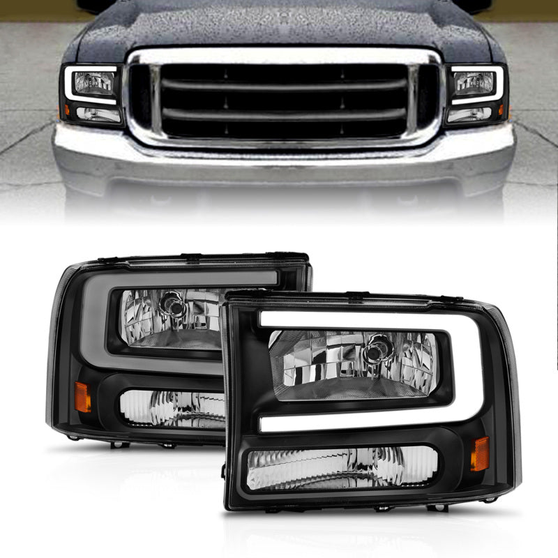 ANZO 99-04 Ford F250/F350/F450/Excursion (excl. 99) Crystal Headlights - w/ Light Bar Black Housing - Burkken Auto Parts