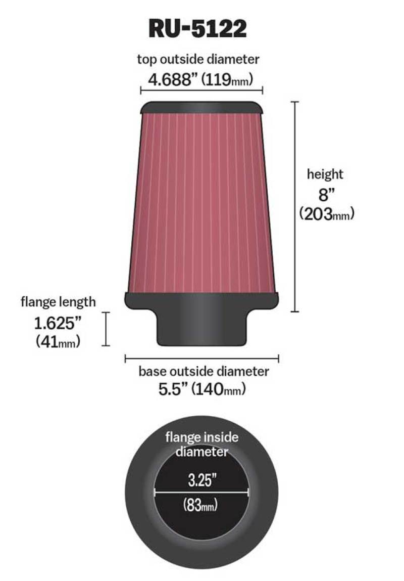 K&N Filter Universal Rubber Filter 3.25  Flange 5.5 Base 4.6875 Top 8 Height - Burkken Auto Parts