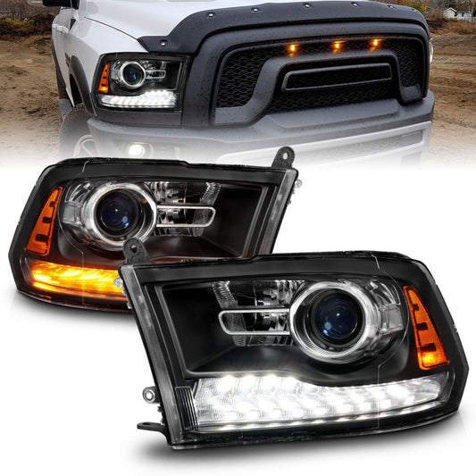ANZO 09-18 Dodge Ram 1500/2500/3500 LED Plank Style Headlights Switchback + Sequential - Matte Black - Burkken Auto Parts