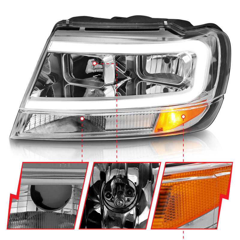 ANZO 1999-2004 Jeep Grand Cherokee Crystal Headlights w/ Light Bar Chrome Housing - Burkken Auto Parts