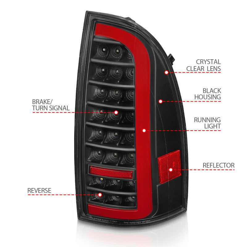 ANZO 05-15 Toyota Tacoma Full LED Tail Lights w/Light Bar Sequential Black Housing Clear Lens - Burkken Auto Parts
