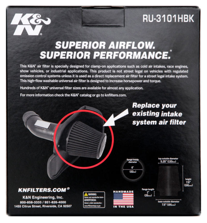 K&N Universal Rubber Filter Round Tapered 6in Flange ID x 7.5in Base OD x 5.25in Top OD x 8in Height - Burkken Auto Parts