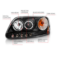 ANZO 1997.5-2003 Ford F-150 Projector Headlights w/ Halo and LED Black 1pc - Burkken Auto Parts