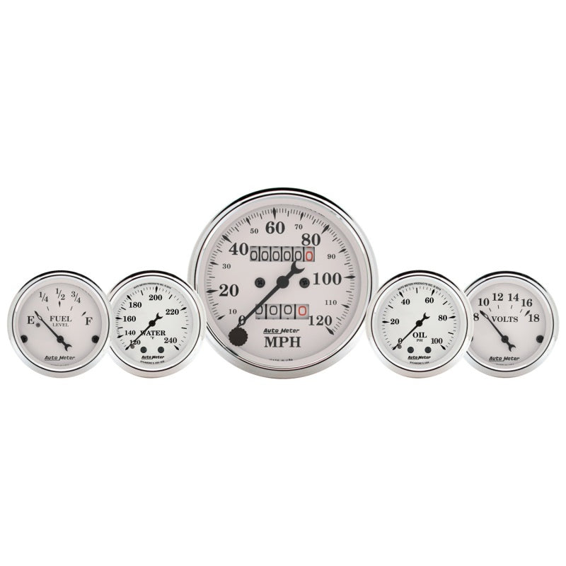 AutoMeter Gauge Kit 5 Pc. 3-1/8in. & 2-1/16in. Mech. Speedo. Wtmp & Oilp Old Tyme Wht - Burkken Auto Parts