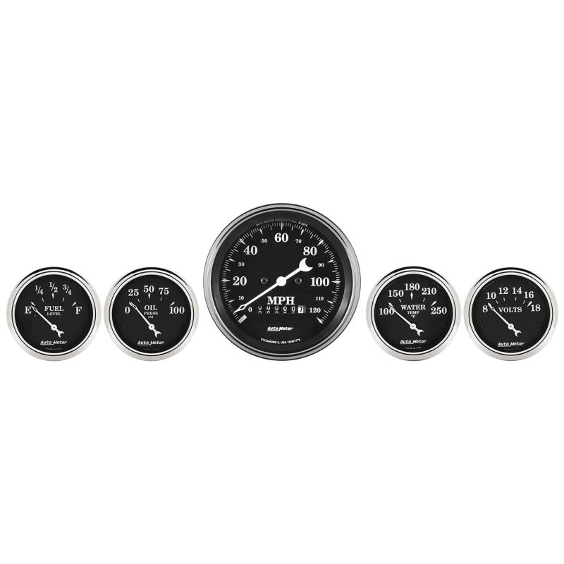 Auto Meter Gauge Kit 5 pc. 3 3/8in & 2 1/16in Elec. Speedometer Old Tyme Black - Burkken Auto Parts