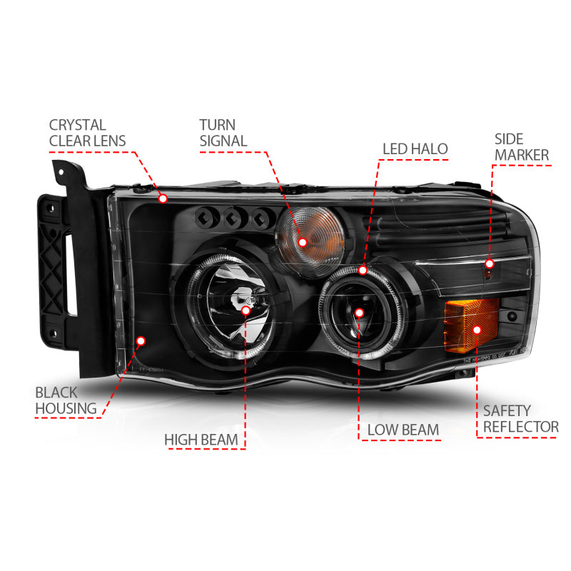 ANZO 2002-2005 Dodge Ram 1500 Projector Headlights w/ Halo Black Clear Amber - Burkken Auto Parts