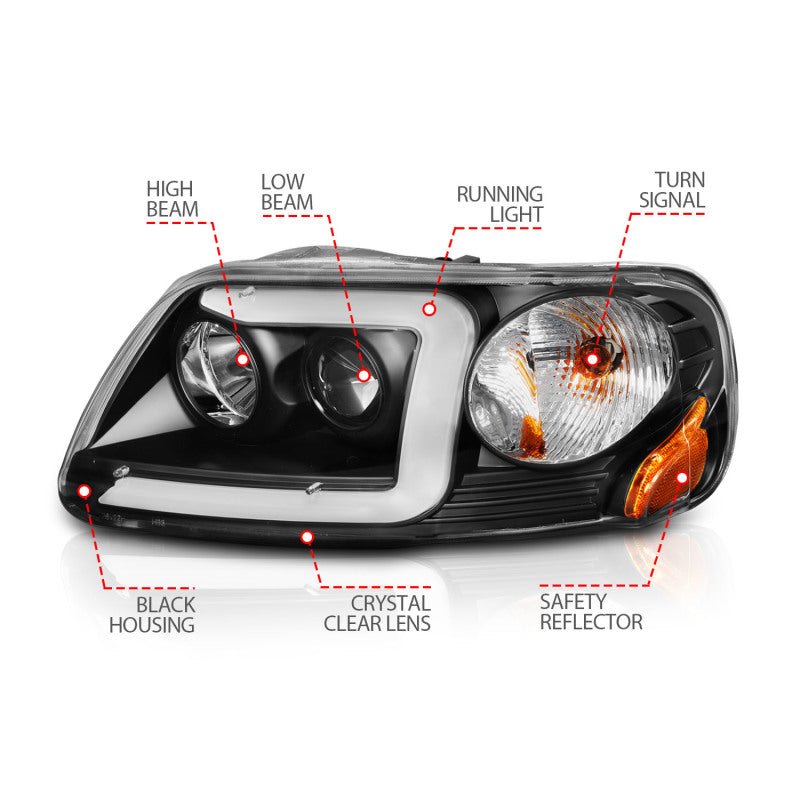 ANZO 1997-2003 Ford F-150 Projector Headlights w/ Light Bar Black Housing - Burkken Auto Parts