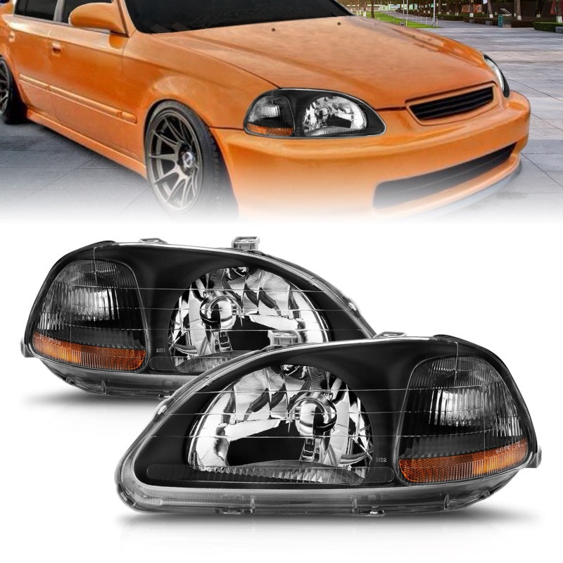 ANZO 1996-1998 Honda Civic Crystal Headlights Black - Burkken Auto Parts