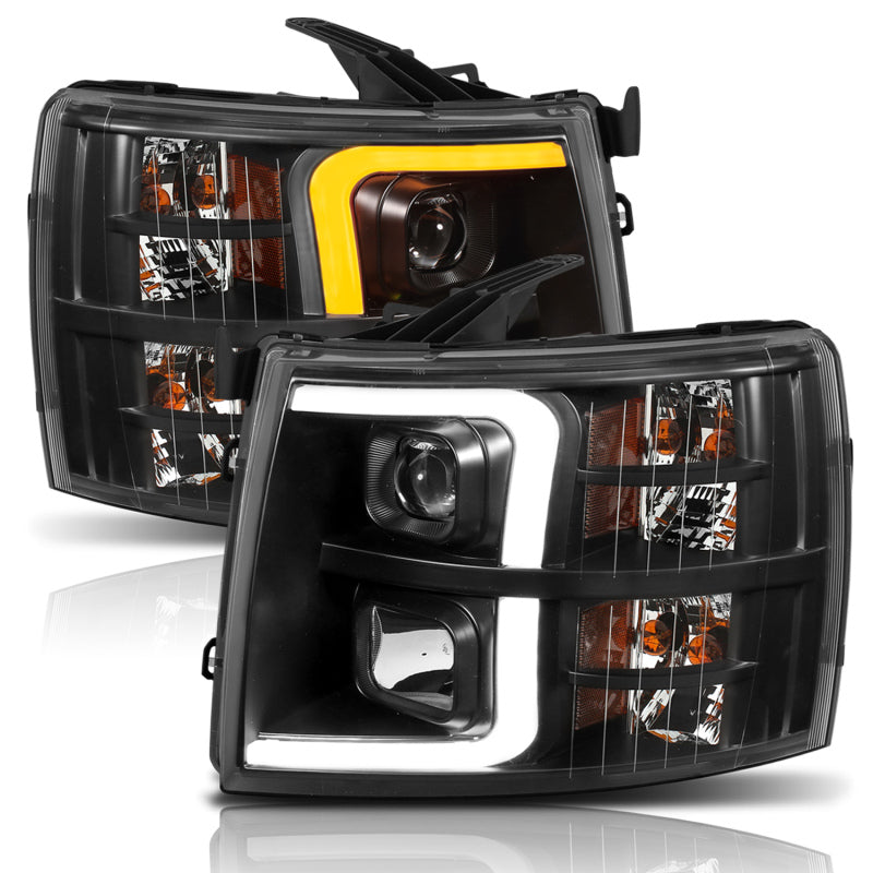 ANZO 07-13 Chevrolet Silverado 1500 Plank Style Projector Headlights Black w/ Amber - Burkken Auto Parts