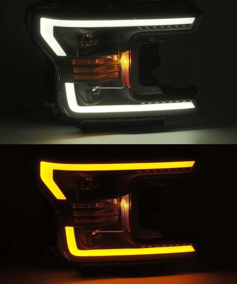 AlphaRex 18-20 Ford F-150 LUXX LED Proj Headlights Plank Style Jet Blk w/Activ Light/Seq Signal/DRL - Burkken Auto Parts
