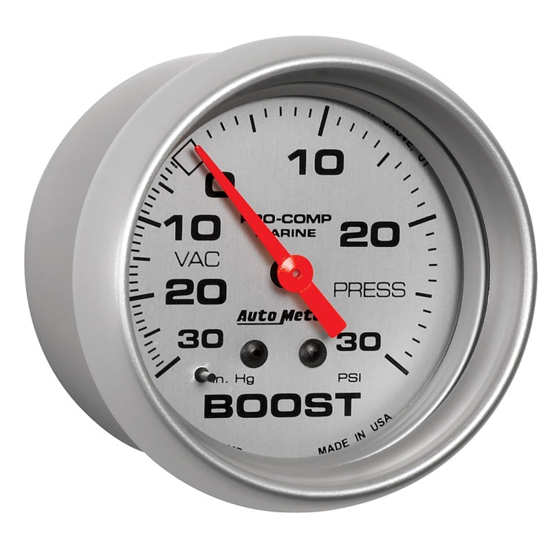 AutoMeter Marine Vac/Boost Gauge 2 5/8in  30INHG 30PSI Mechanical- Silver - Burkken Auto Parts