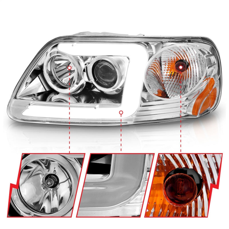 ANZO 1997-2003 Ford F-150 Projector Headlights w/ Light Bar Chrome Housing - Burkken Auto Parts