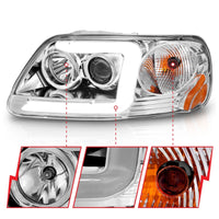 ANZO 1997-2003 Ford F-150 Projector Headlights w/ Light Bar Chrome Housing - Burkken Auto Parts