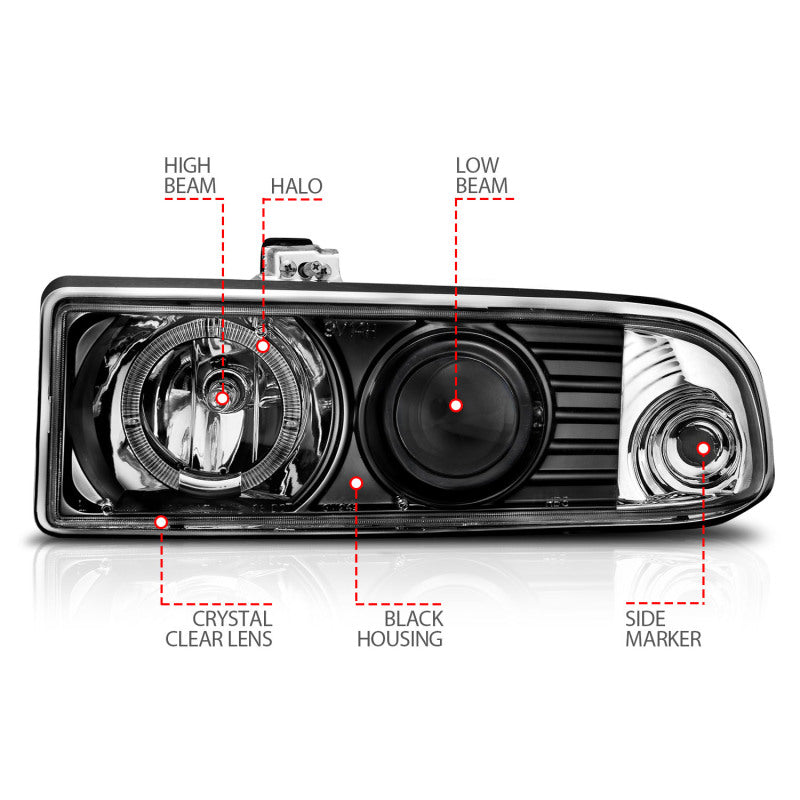 ANZO 1998-2005 Chevrolet S-10 Projector Headlights w/ Halo Black - Burkken Auto Parts