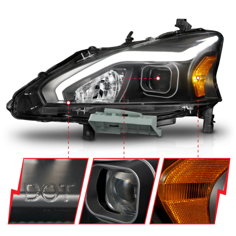 ANZO 13-15 Nissan Altima (w/o Factory HID Bulbs) Projector Headlights - w/ Light Bar Black Housing - Burkken Auto Parts