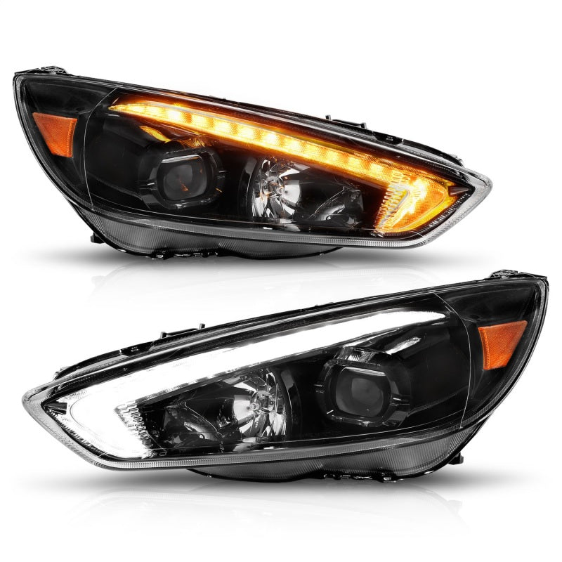 ANZO 15-18 Ford Focus Projector Headlights - w/ Light Bar Switchback Black Housing - Burkken Auto Parts