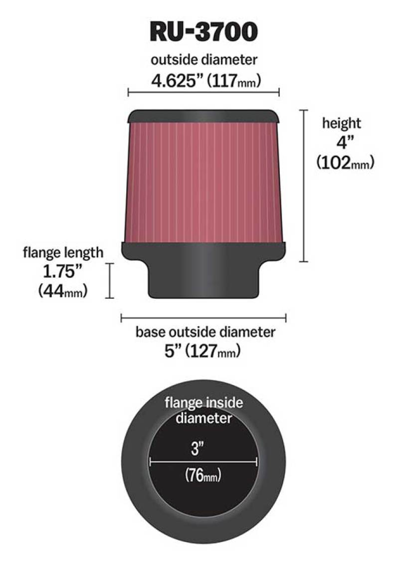K&N Universal Rubber Filter Round Tapered 4.625in Top OD x 5in Base OD x 4in H - Burkken Auto Parts