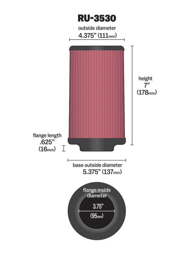 K&N Universal Rubber Filter 3.75in FLG x 5.375in Base x 5.375in Top x 7in Height - Burkken Auto Parts