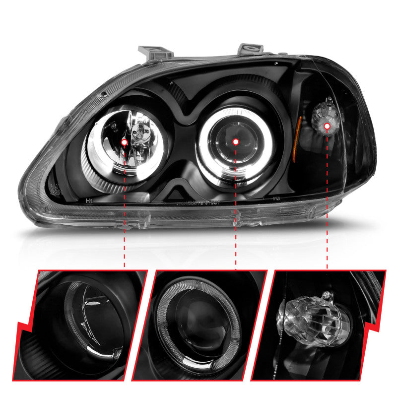 ANZO 1996-1998 Honda Civic Projector Headlights w/ Halo Black - Burkken Auto Parts