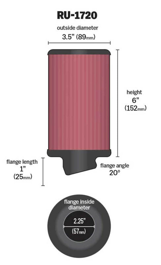 K&N Filter Universal Rubber Round Air Filter 20 Deg Flange Angle 2.25in Flange ID x 3.5in OD x 6in H - Burkken Auto Parts