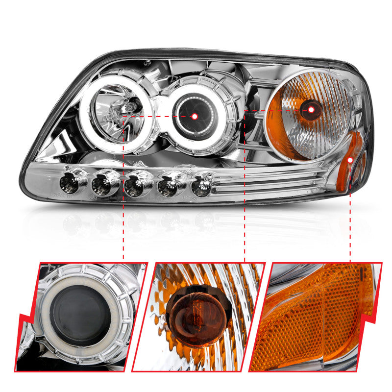 ANZO 1997.5-2003 Ford F-150 Projector Headlights w/ Halo Chrome 1pc - Burkken Auto Parts
