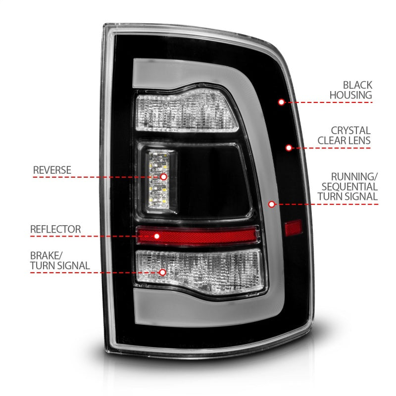 ANZO 09-18 Dodge Ram 1500 Sequential LED Taillights Black w/Switchback Amber Signal - Burkken Auto Parts