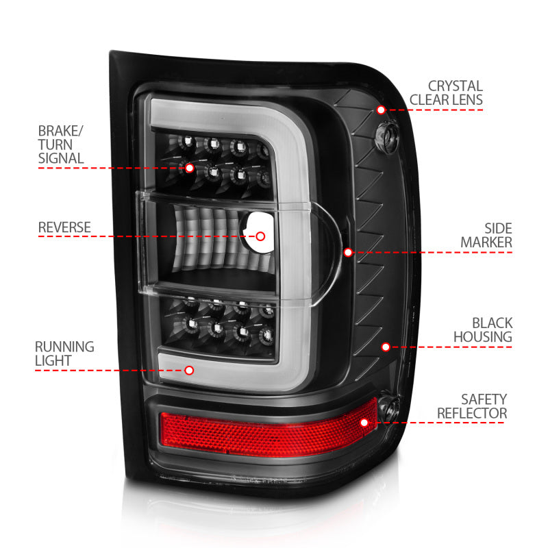 ANZO 2001-2011 Ford  Ranger LED Tail Lights w/ Light Bar Black Housing Clear Lens - Burkken Auto Parts