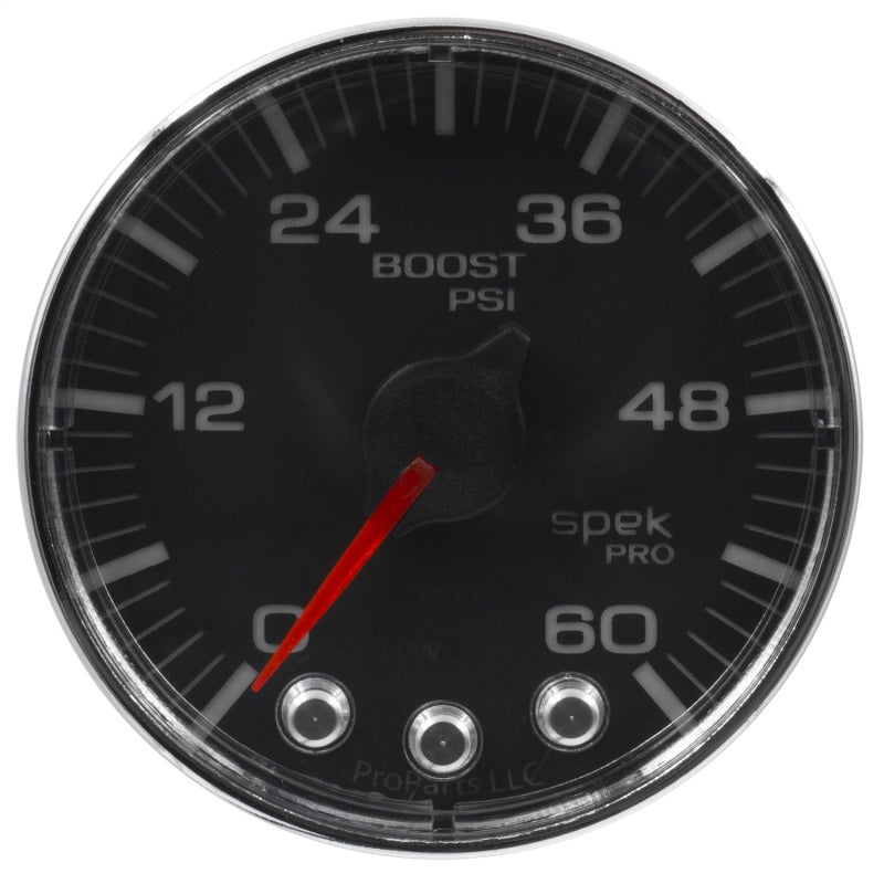 Autometer Spek-Pro Gauge Boost 2 1/16in 60psi Stepper Motor W/Peak & Warn Blk/Chrm - Burkken Auto Parts