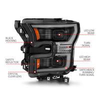 ANZO 15-17 Ford F-150 LED Projector Headlights - w/ Light Bar Switchback Black Housing - Burkken Auto Parts