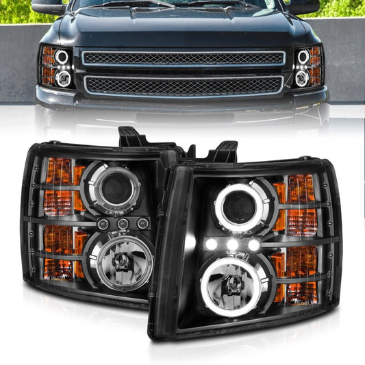 ANZO 2007-2013 Chevrolet Silverado 1500 Projector Headlights w/ Halo Black - Burkken Auto Parts