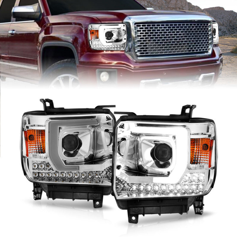 ANZO 14-15 GMC Sierra 1500/2500HD/3500HD Plank Style Projector Headlight - Chrome Housing - Burkken Auto Parts