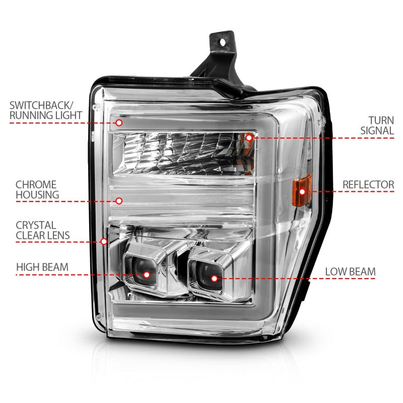 ANZO 08-10 Ford F-250 - F-550 Super Duty Projector Headlights w/ Light Bar Switchback Chrome Housing - Burkken Auto Parts